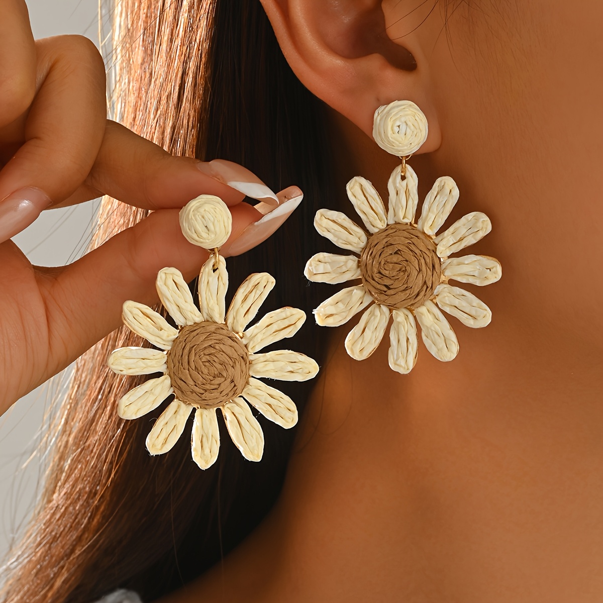 Women's Handwoven Raffia Straw Sun Flower Earrings